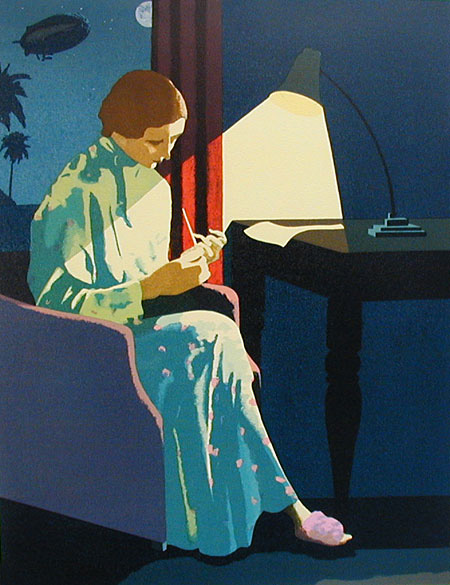 Blimp.manicure, Moon in Pisces. A Silkscreen print by Jonathan Owen. A lady files her nails at the window with passing Blimp.Lamplight.